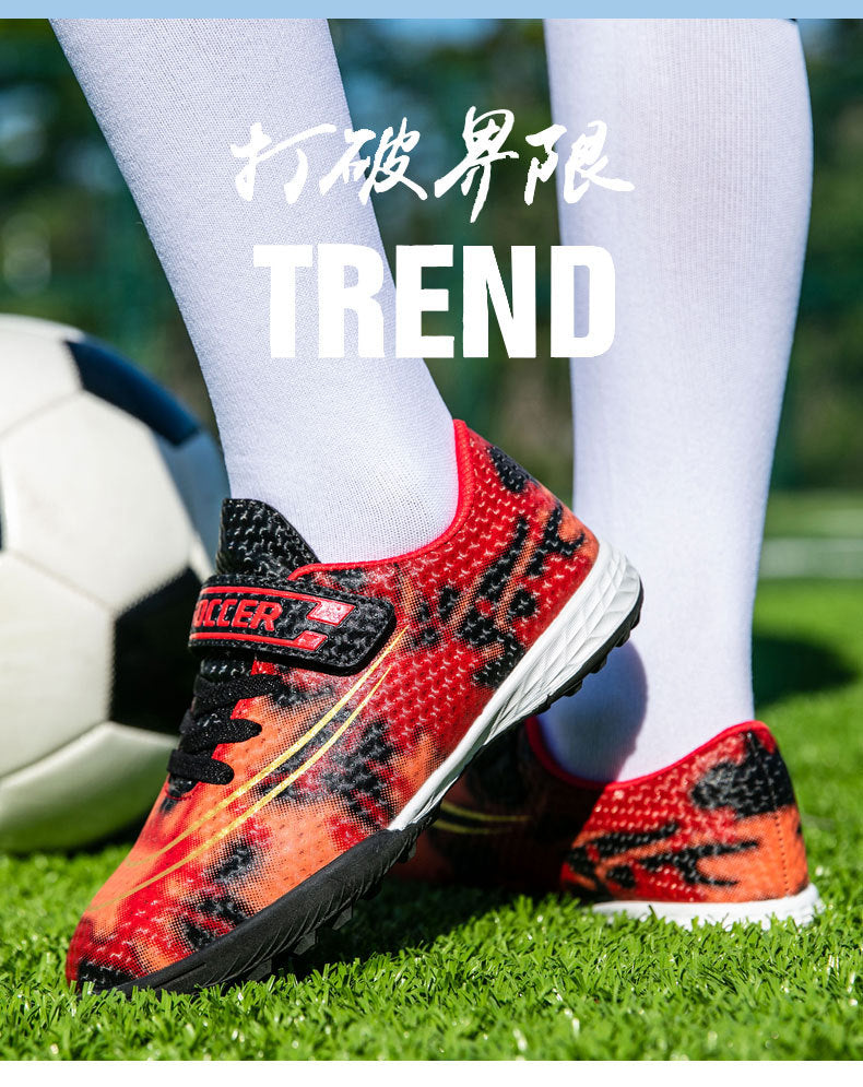 New Football Shoes for Men and Women, Children's Low-top Anti-collision Spike Magic Tape No-tie Grass Training Sports Shoes