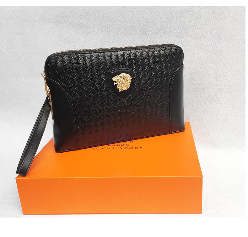 Fingerprint Lock Clutch Bag Large Capacity Business Men's Genuine Leather Handheld Luxury Woven Clutch Portable Fingerprint Unlock