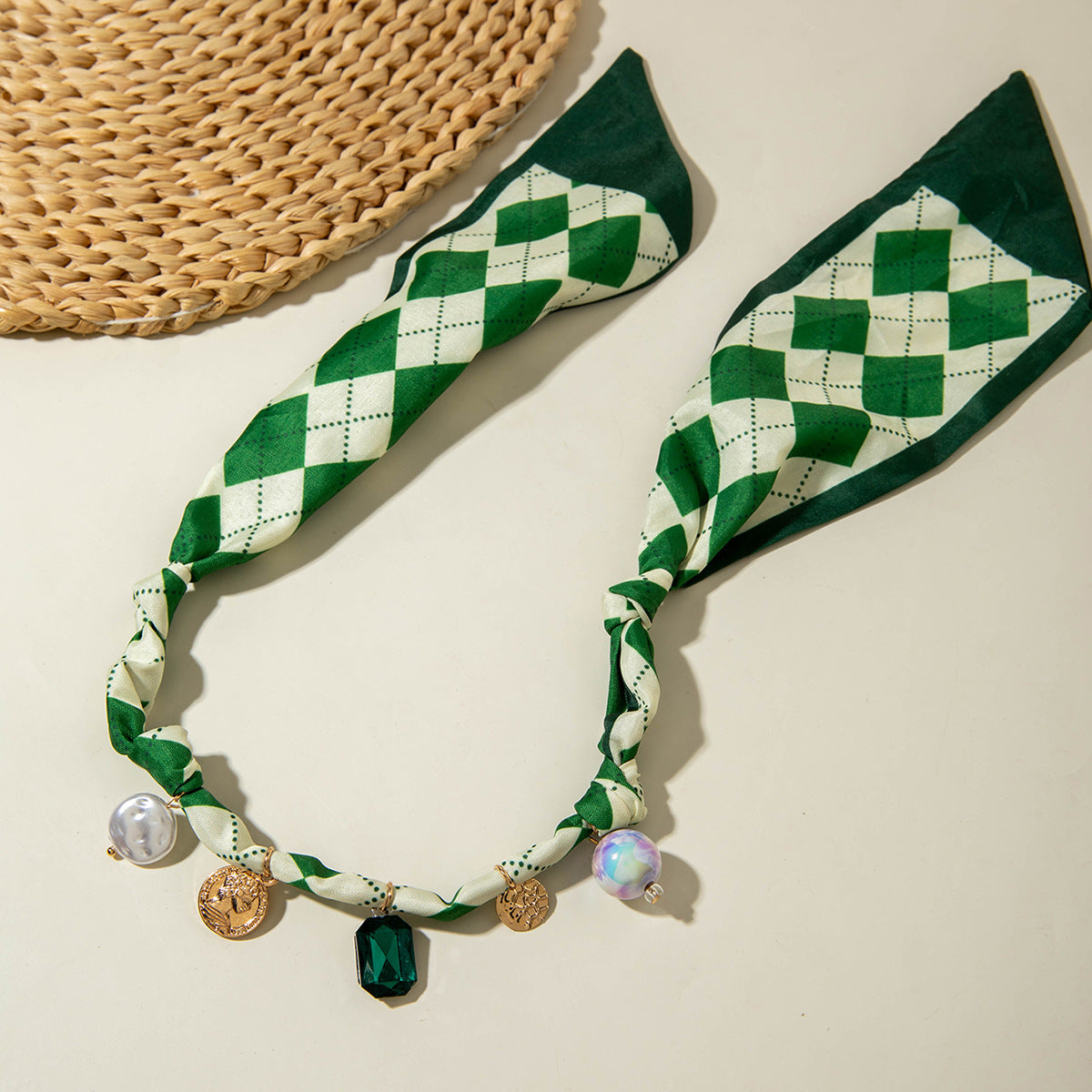 European and American Style Long Silk Scarf Necklace, Light Luxury High-End Feel, Multiple Pendants, Pearl Colorful Silk Scarf Necklace