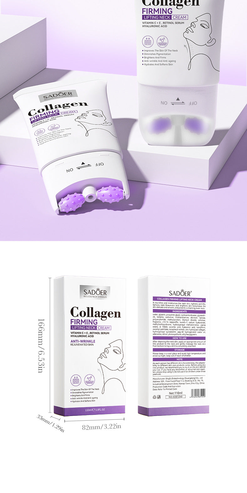 Full English Collagen Neck Cream110ml SADOER Firming Roller Neck Lifting Cream  Wholesale