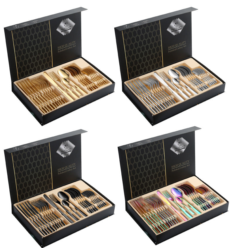 410Stainless Steel Cutlery Set Restaurant Square Handle Knife Fork Spoon24Set of Western Steak Knives and Forks