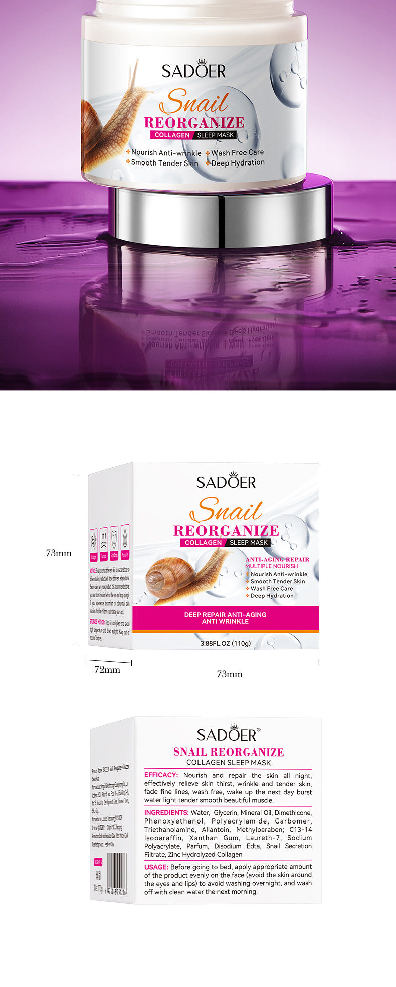 Snail Sleeping Mask SADOER Collagen Moisturizing and Nourishing No-Rinse Mud Mask Cross-Border Wholesale