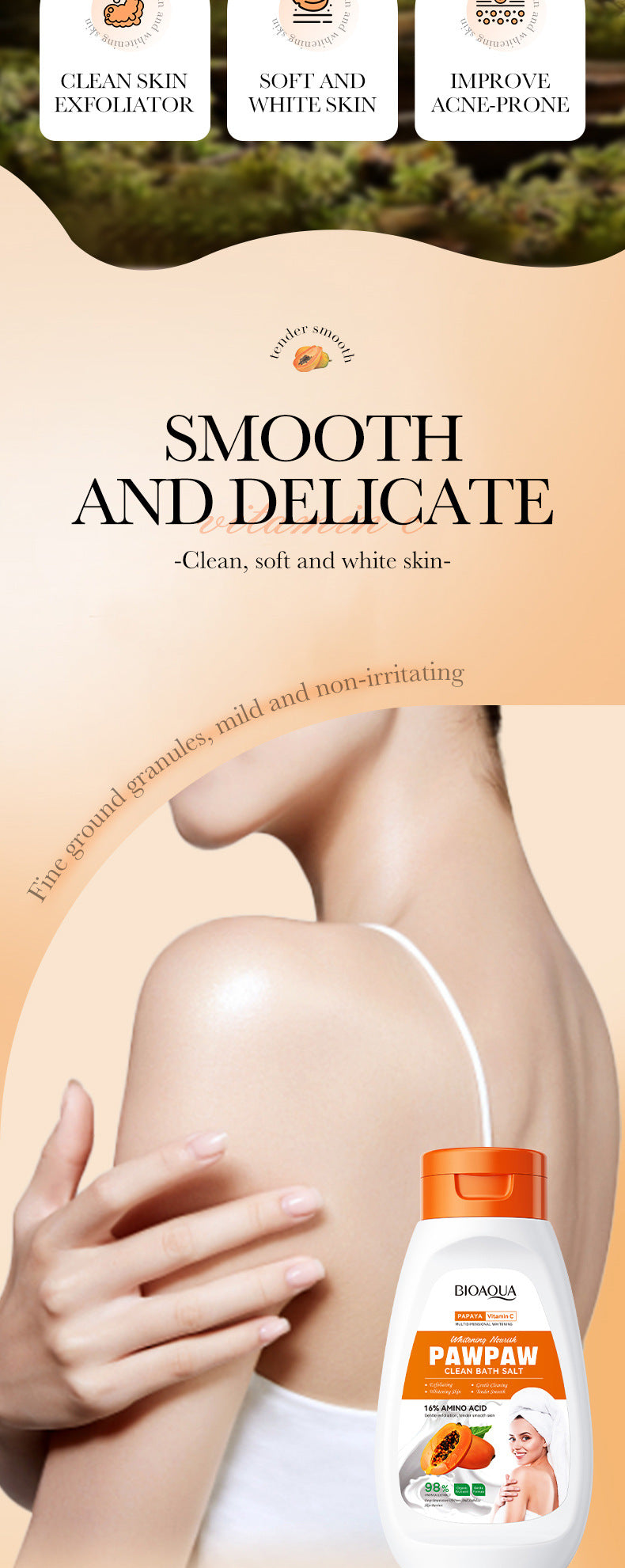 Papaya Whitening Bath Salt430ml BIOAOUA Vitamin C Body Scrub Export Cross-Border Wholesale