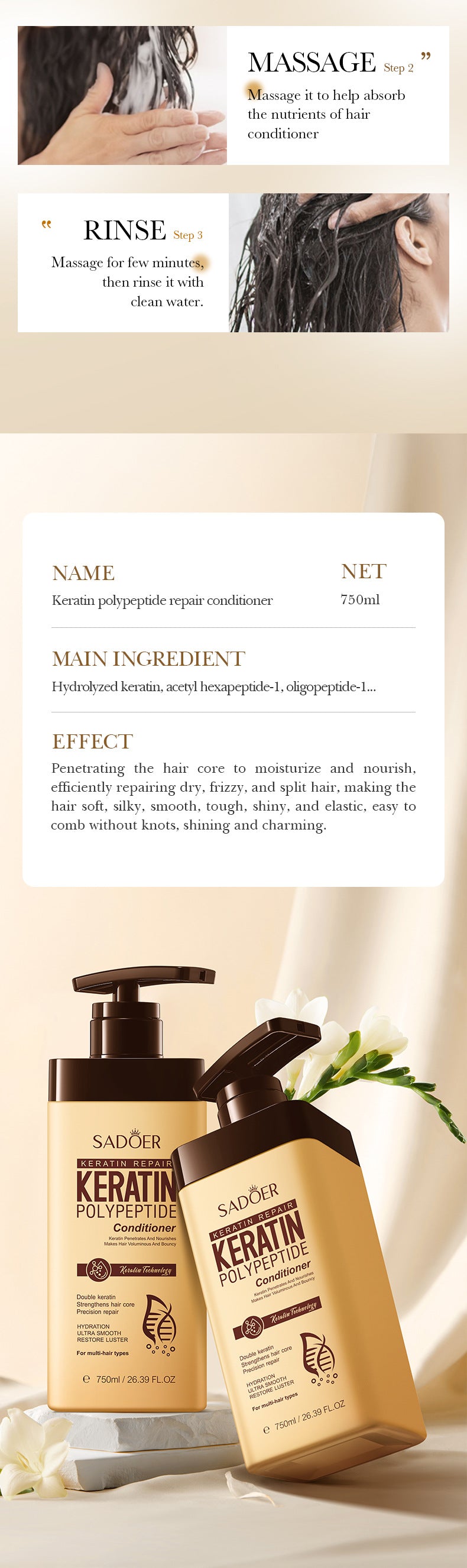 Keratin Peptide Conditioner SADOER Smooth Nourishing Hair Conditioner Cross-Border Wholesale