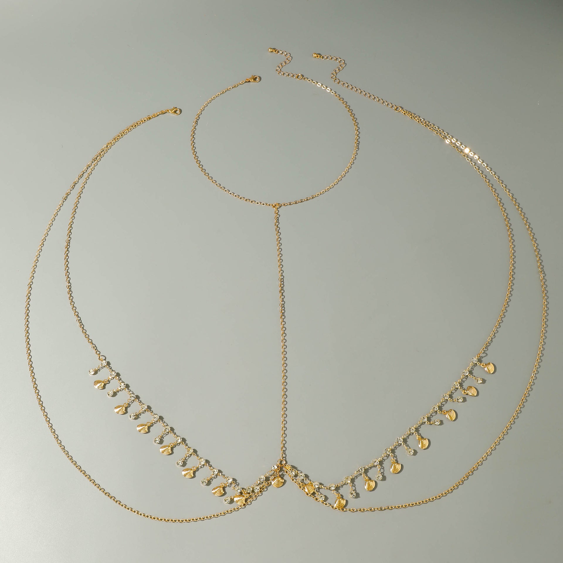 Trendy Simple Men's Body Chain Necklace Fashion Imitation Emerald Heart Hollow Chest Chain with Diamonds