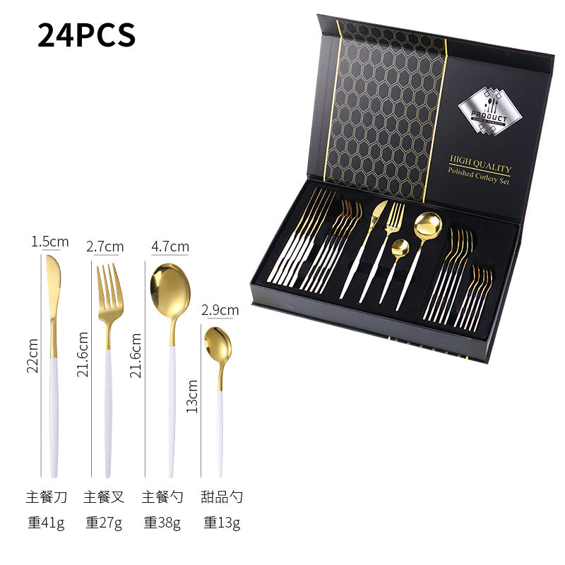 Hot-selling Portuguese Stainless Steel Tableware24Set of Western Dining gold Steak Knife Fork Spoon Gift Box Set