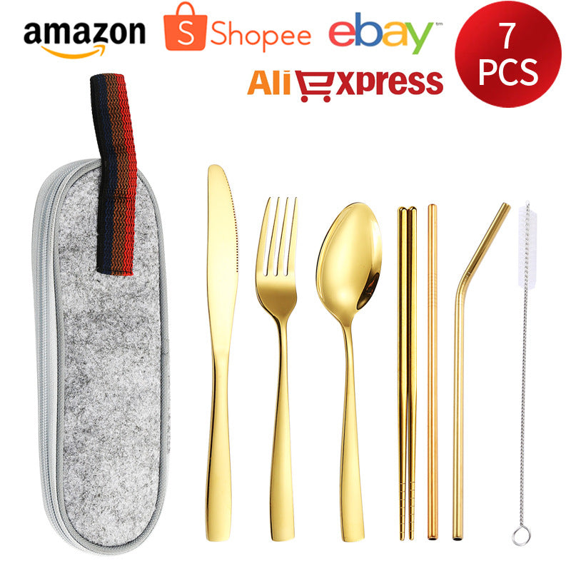 410Stainless Steel Portable Outdoor Camping Tableware Set304Stainless Steel Straw Knife Fork Spoon Chopsticks Seven-Piece Set