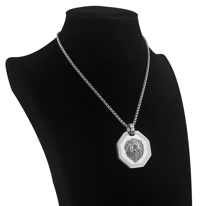 Vintage Lion Stainless Steel Necklace Octagonal Titanium Steel Pendant Men's Personality Fashion Pendant Factory Wholesale