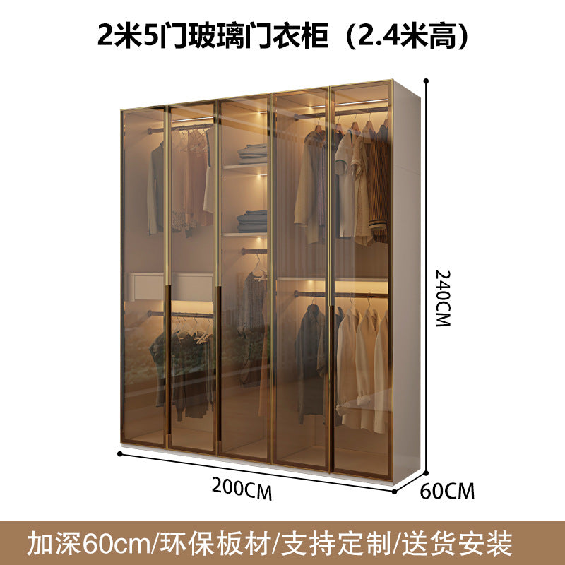 Glass Door Wardrobe with Lights, Solid Wood, Home Bedroom, Modern Simple European Pine Board, Cream Color, Skin Feel Storage, Large Wardrobe
