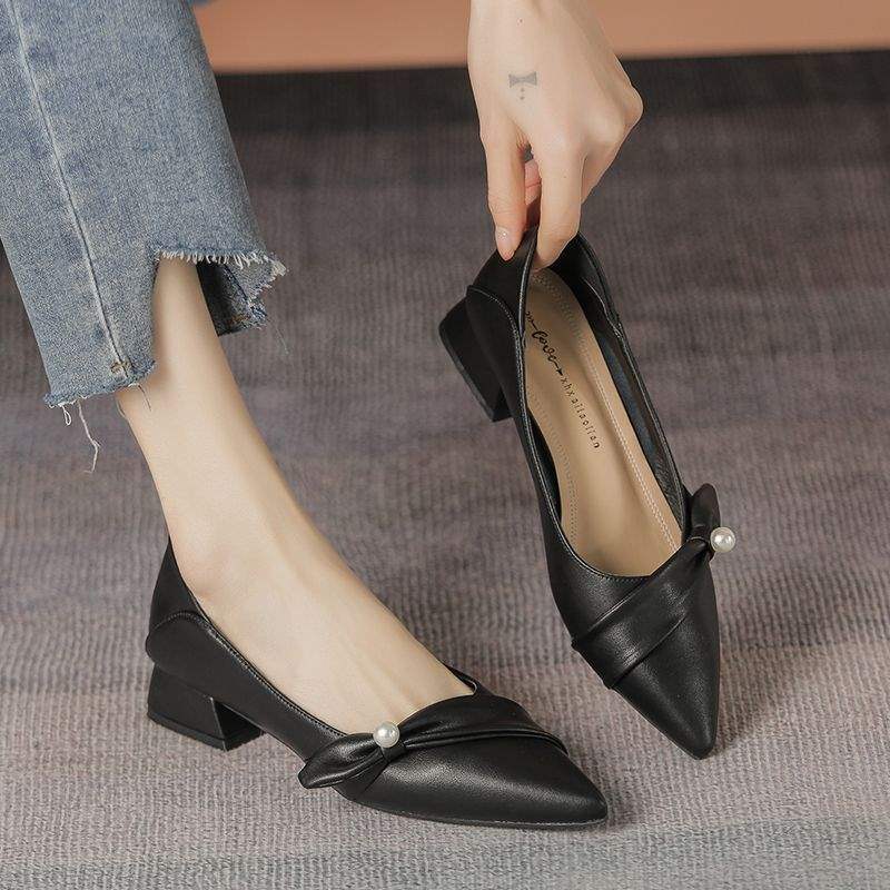 Women's French Style Professional Work Leather Shoes2025Spring and summer new style commuting temperament pointed toe chunky heel women's shoes