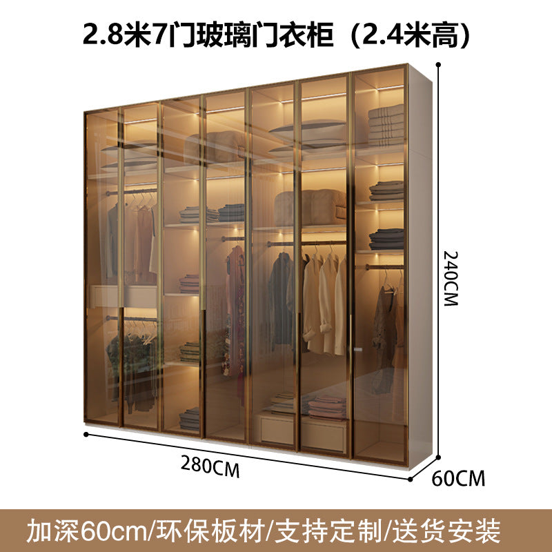 Glass Door Wardrobe with Lights, Solid Wood, Home Bedroom, Modern Simple European Pine Board, Cream Color, Skin Feel Storage, Large Wardrobe