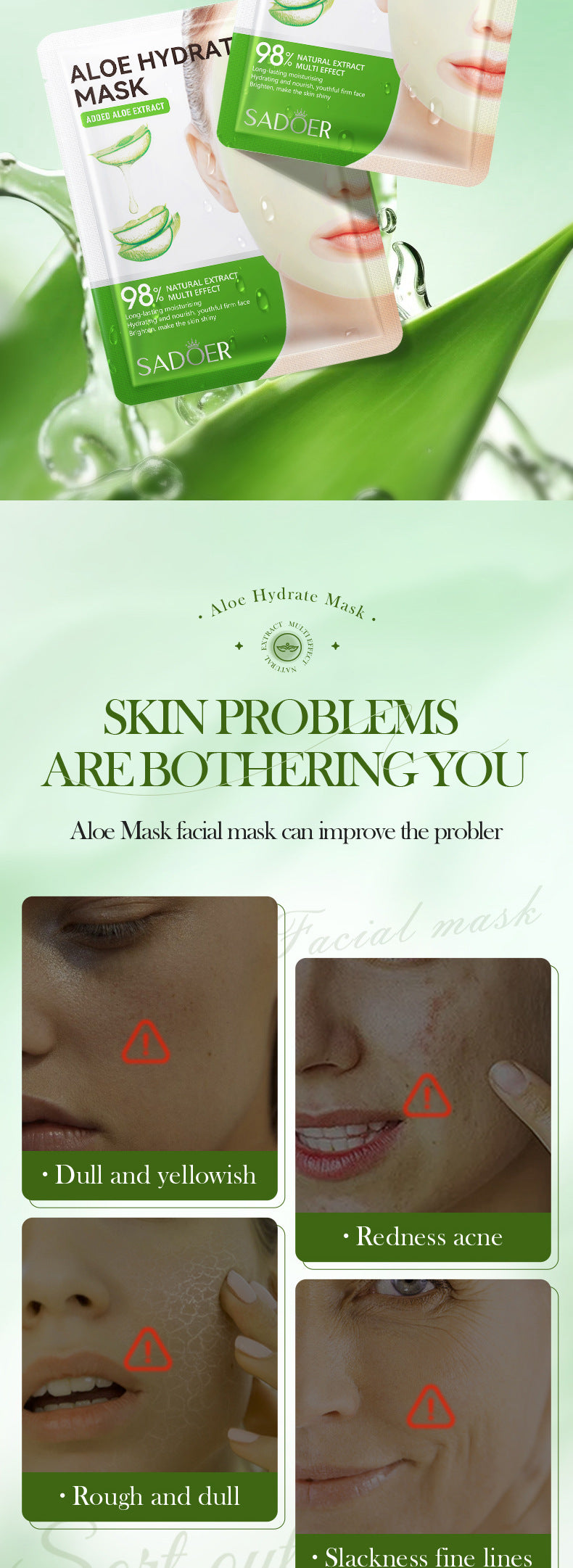 Facial Mask25g SADOER Aloe Vera VC Moisturizing and Rejuvenating Face Mask Sheet Pack for Cross-Border Wholesale