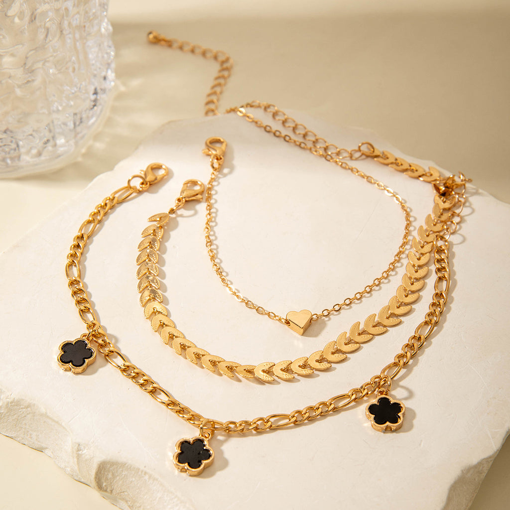 European and American Fashion Alloy Inlaid Diamond Five-Leaf Clover Bracelet Jewelry Three-Piece Set Simple Geometric Smooth Bracelet Wholesale