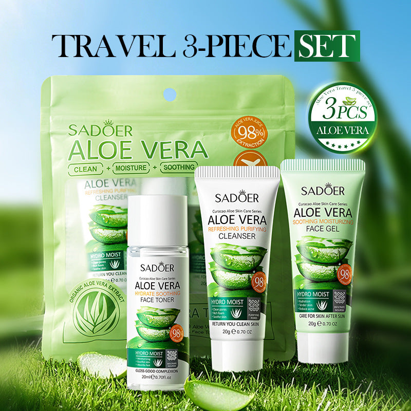Full English Aloe Vera Travel Three-Piece Set SADOER Aloe Vera Gel Toner Facial Cleanser  Wholesale