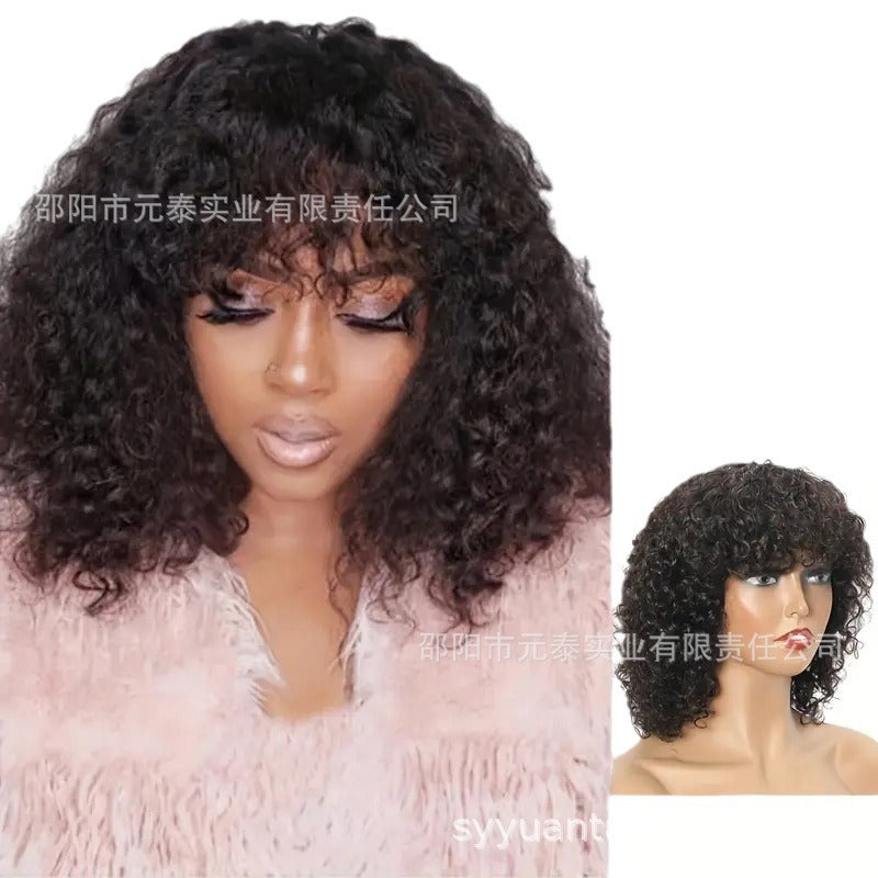 Kinky Curly  Wigs With Bangs None Lace Human Hair Wigs