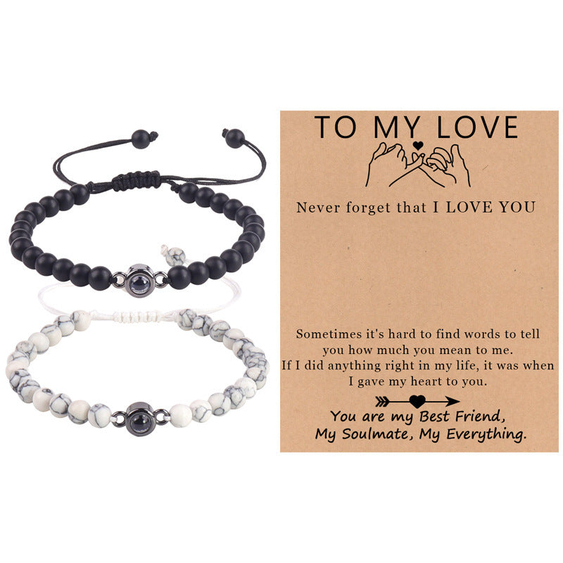 New Couple Card Bracelet Pink Quartz Volcanic Stone White Pine Heart Magnet Pink Quartz Couple Bracelet