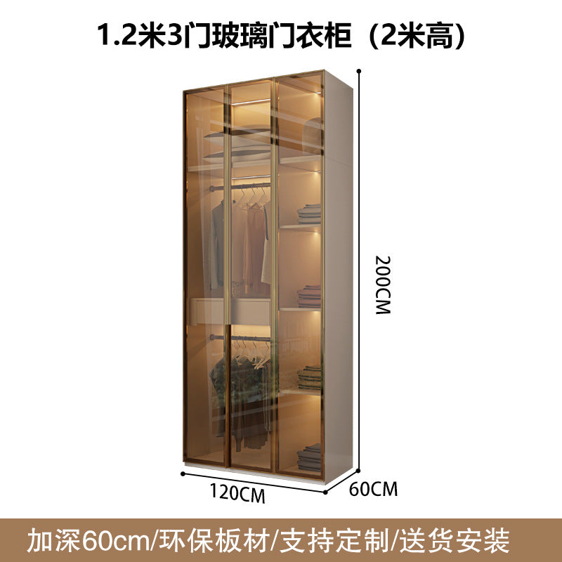Glass Door Wardrobe with Lights, Solid Wood, Home Bedroom, Modern Simple European Pine Board, Cream Color, Skin Feel Storage, Large Wardrobe