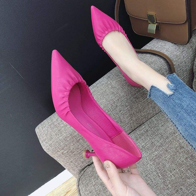 Women's High Heels2025New European Style Thin Heel Mid Heel Pointed Toe Fashion Chanel Style Single Shoes Work Leather Shoes for Women