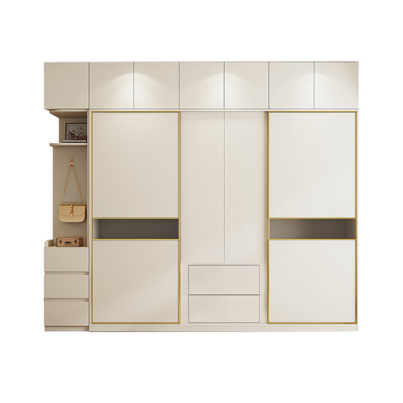 Cream Style Solid Wood Sliding Door Wardrobe for Home Bedroom with Hanging Area, Multiple Storage Cabinets, and Segmented Large Wardrobe