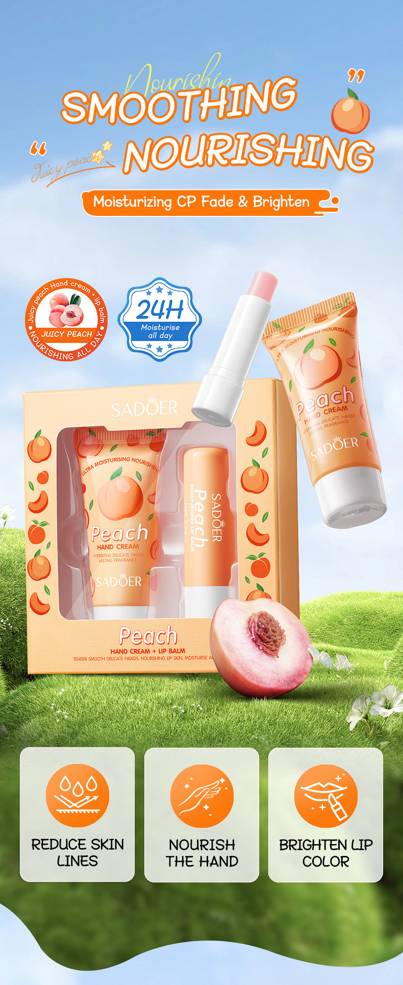 Full English Peach Hand Cream Lip Balm Set SADOER Nourishing Autumn and Winter Hand Cream Lip Balm  Wholesale
