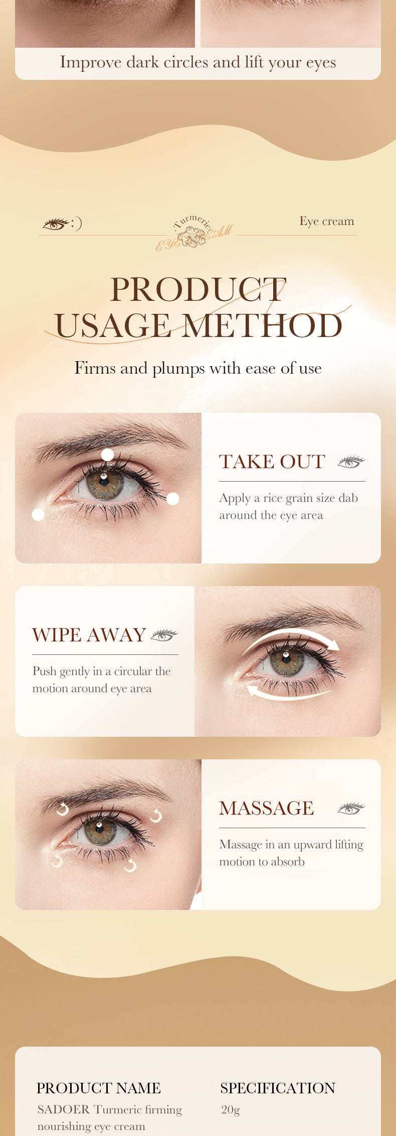 Full English Turmeric Eye Cream SADOER Moisturize and Improve Dark Circles, Eye Lines, Eye Bags,  Wholesale