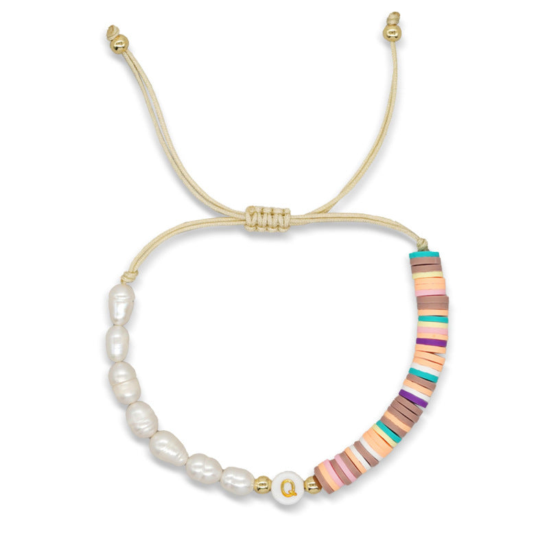 Imitation pearl26Letter Bracelet Bohemian Casual Vacation Bracelet Gold Beads Stretchable Soft Clay Woven Bracelet