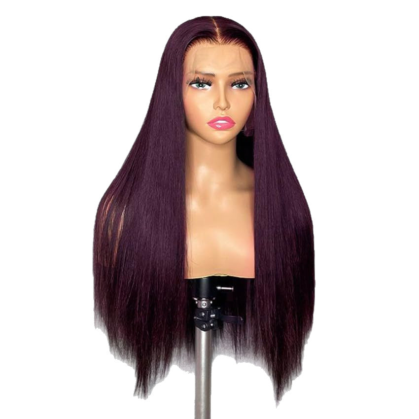 Wig Wine Red European and American Ladies Wig Long Straight Hair with Middle Part and Front Lace Synthetic Fiber13*4*1 T Headband Outer