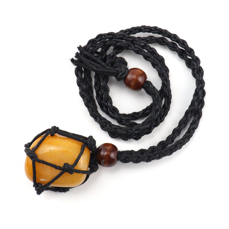 Men's Woven Mesh Necklace Natural Stone Crystal Vintage Sweater Chain Tiger Eye Stone Lapis Lazuli Amethyst Mesh Necklace