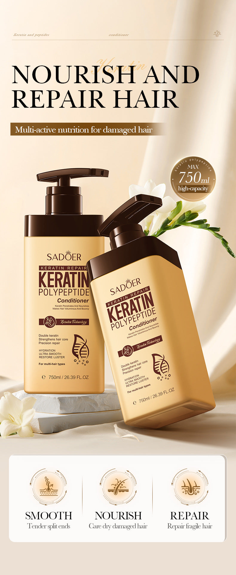 Keratin Peptide Conditioner SADOER Smooth Nourishing Hair Conditioner Cross-Border Wholesale