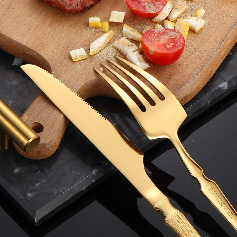 410Stainless Steel Cutlery Hotel Restaurant Hammered Knife Fork Spoon Set Western Small Waist Bark Pattern Steak Knife Fork
