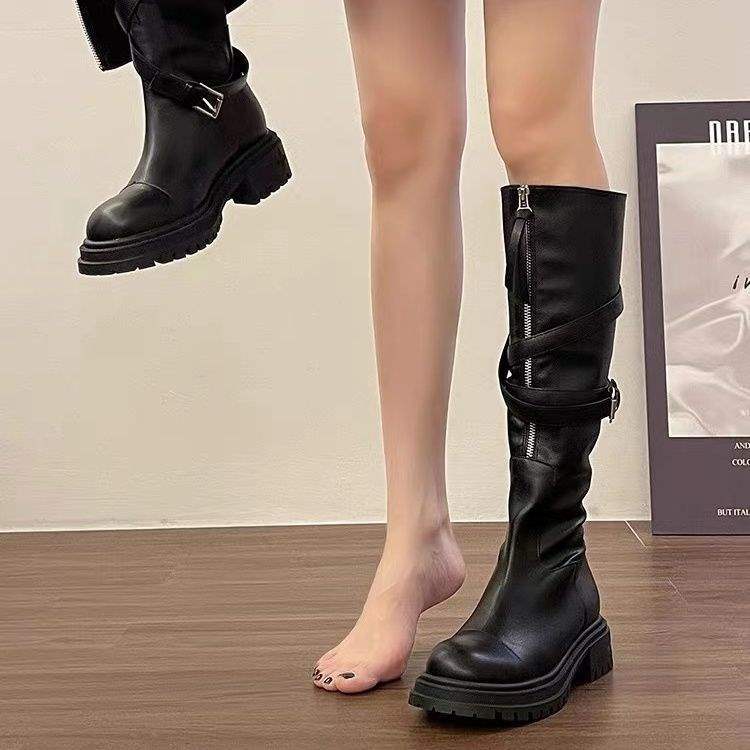 2025Spring and Autumn New Over-the-Knee Boots Women's Martin Boots Belt Buckle Thick-Soled Motorcycle Rider Boots High Tube Fashion Boots