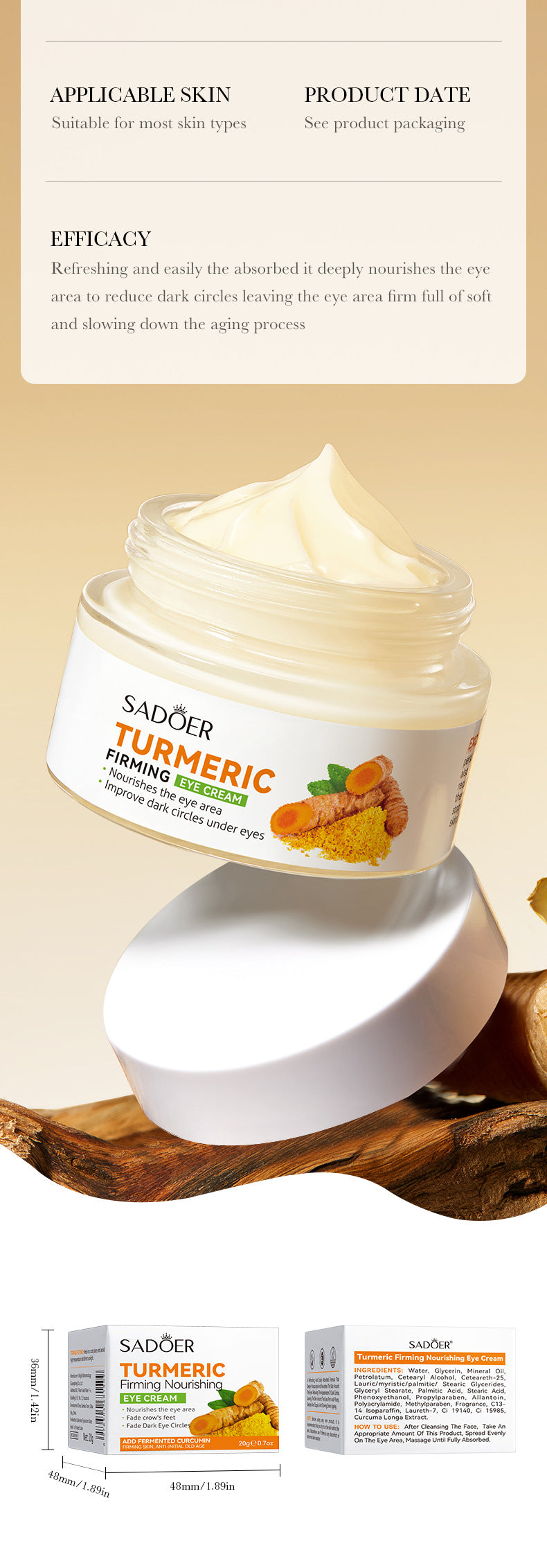 Full English Turmeric Eye Cream SADOER Moisturize and Improve Dark Circles, Eye Lines, Eye Bags,  Wholesale