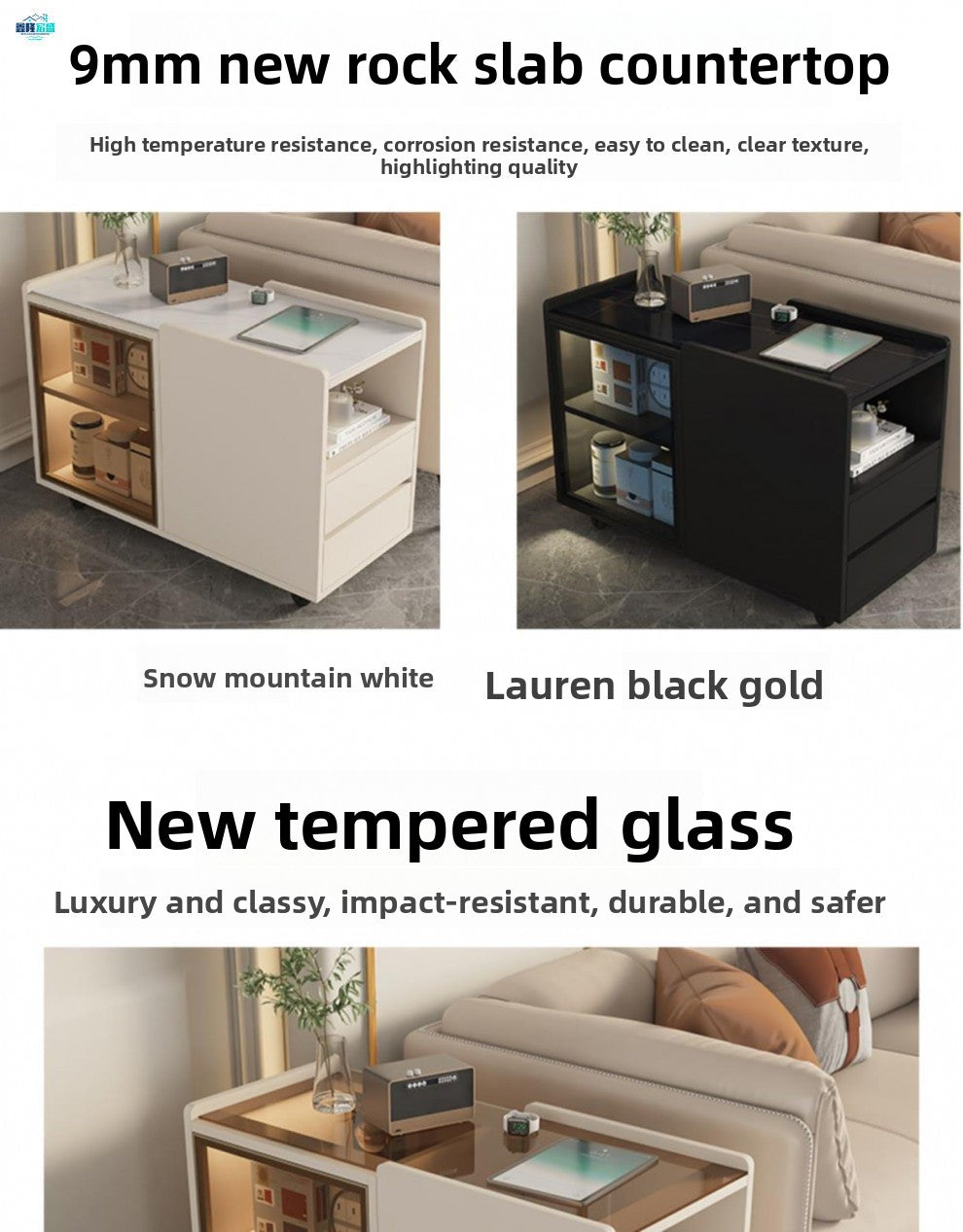 Solid Wood Modern Minimalist Rock Board Sofa Side Cabinet Light Luxury Living Room Home Side Cabinet Corner Table Movable Side Table Coffee Table