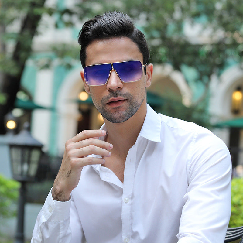 New Large Frame Sunglasses for Men Metal Frame One-piece Fashion Internet Celebrity Square Frame Glasses Trendy Sun Protection Driving Sunglasses