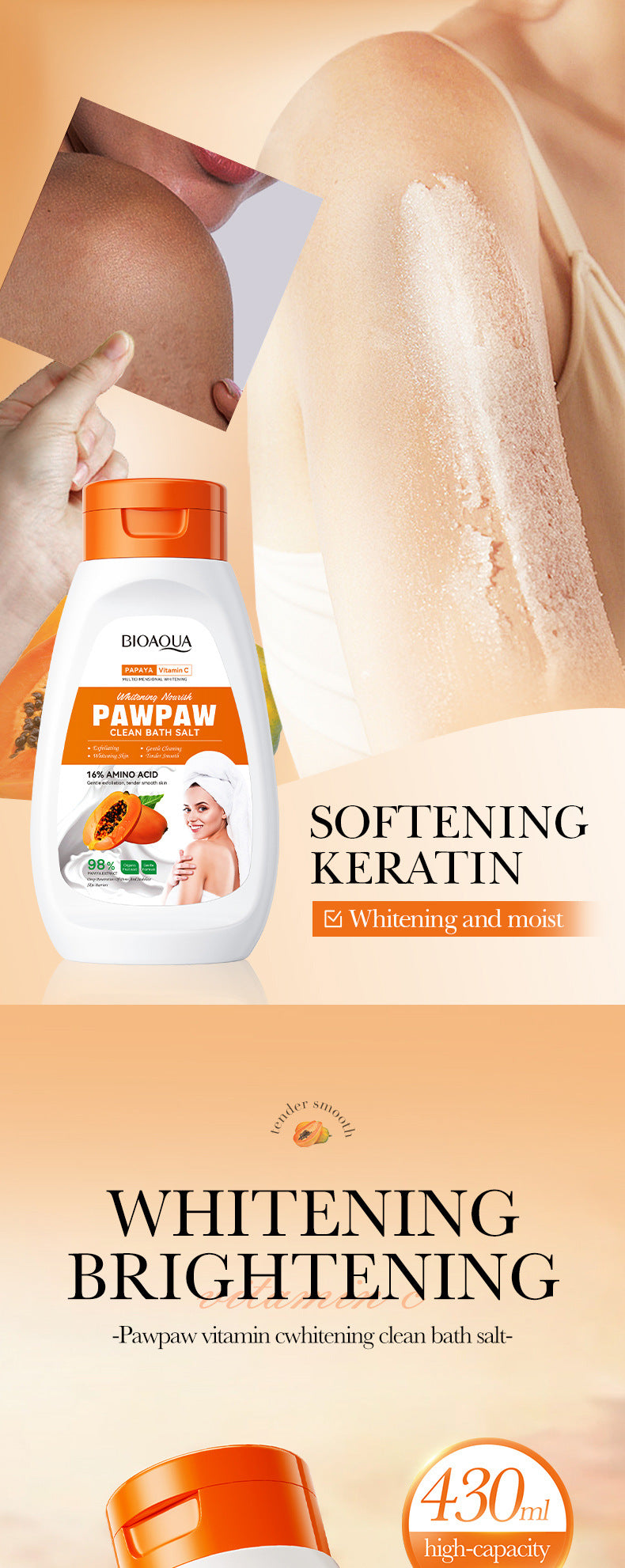 Papaya Whitening Bath Salt430ml BIOAOUA Vitamin C Body Scrub Export Cross-Border Wholesale