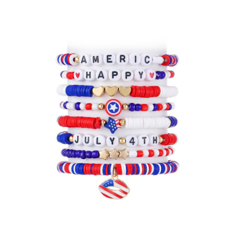 Alphabet Soft Clay Bracelet Women's Gift Freedom and Happiness Red White Blue Eight-piece Set European and American Independence Day Soft Clay Bracelet