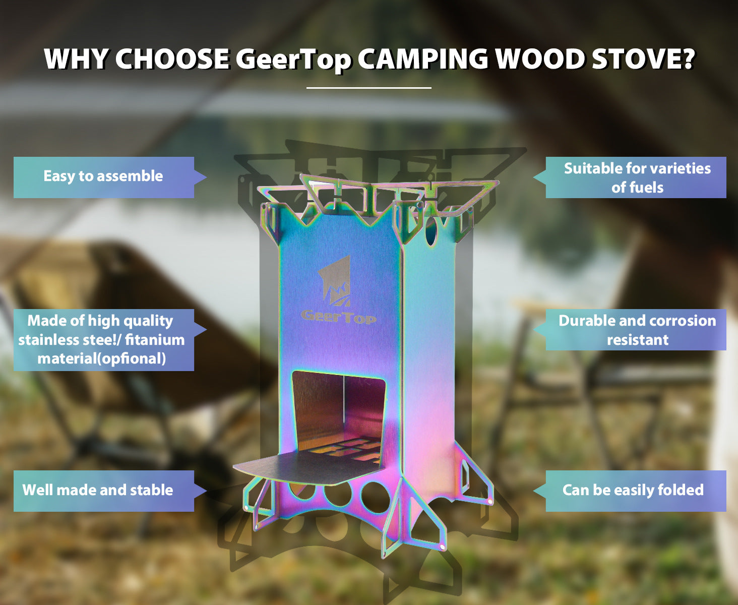 Outdoor Camping BBQ Portable Firewood Stove Detachable Folding Rocket Stove Camping Stove Multi-Fuel Compatible