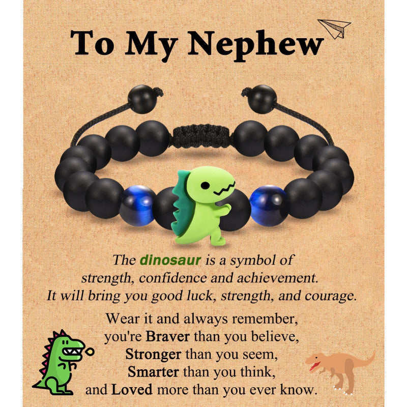 Black Matte Woven Bracelet with Tiger Eye Stone8mm Beaded Children's Back-to-School Season Bracelet Card Little Dinosaur Woven Bracelet