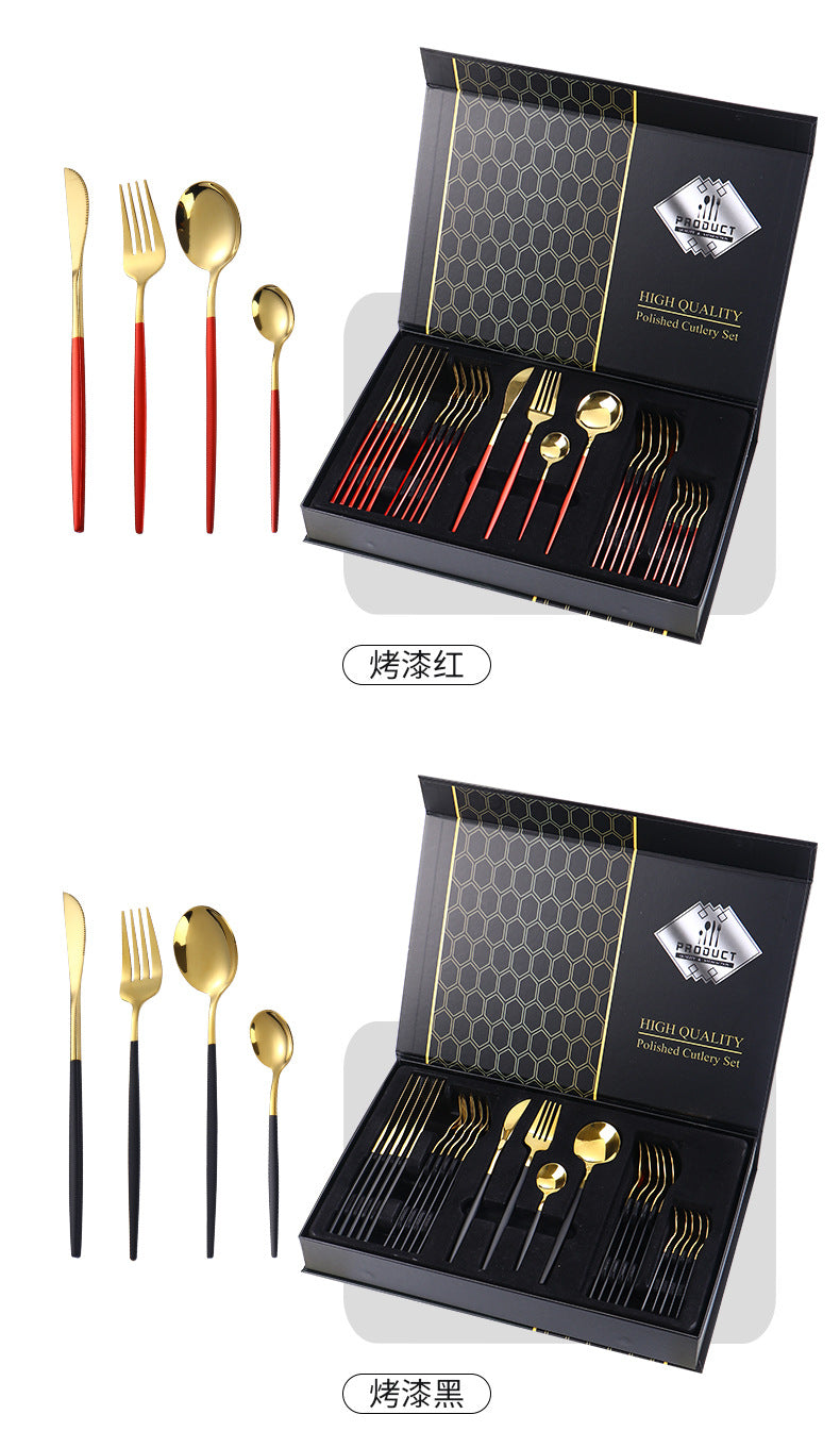 Hot-selling Portuguese Stainless Steel Tableware24Set of Western Dining gold Steak Knife Fork Spoon Gift Box Set