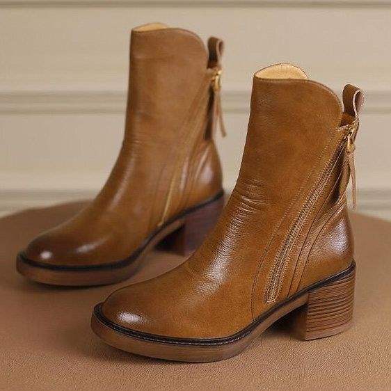 Spring and Autumn Thin Boots Thick Sole Round Toe Double Zipper Martin Boots Women's Thick Heel Platform Sole Versatile Retro Short Boots