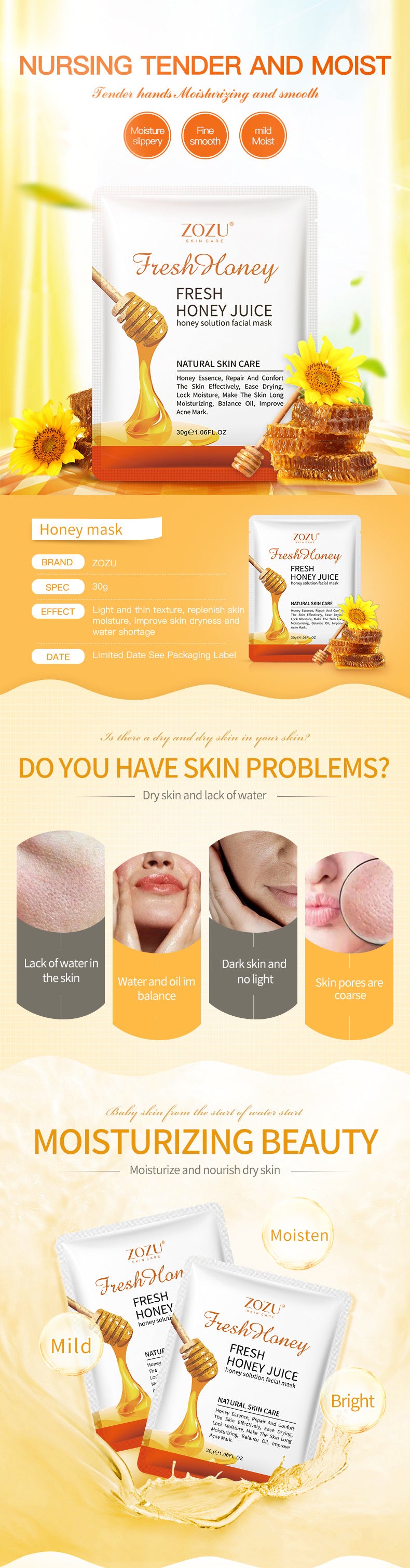 Honey Aloe Vera Mask ZOZU Hydrating Moisturizing Tablets  Cross-border Foreign Trade Skincare Wholesale