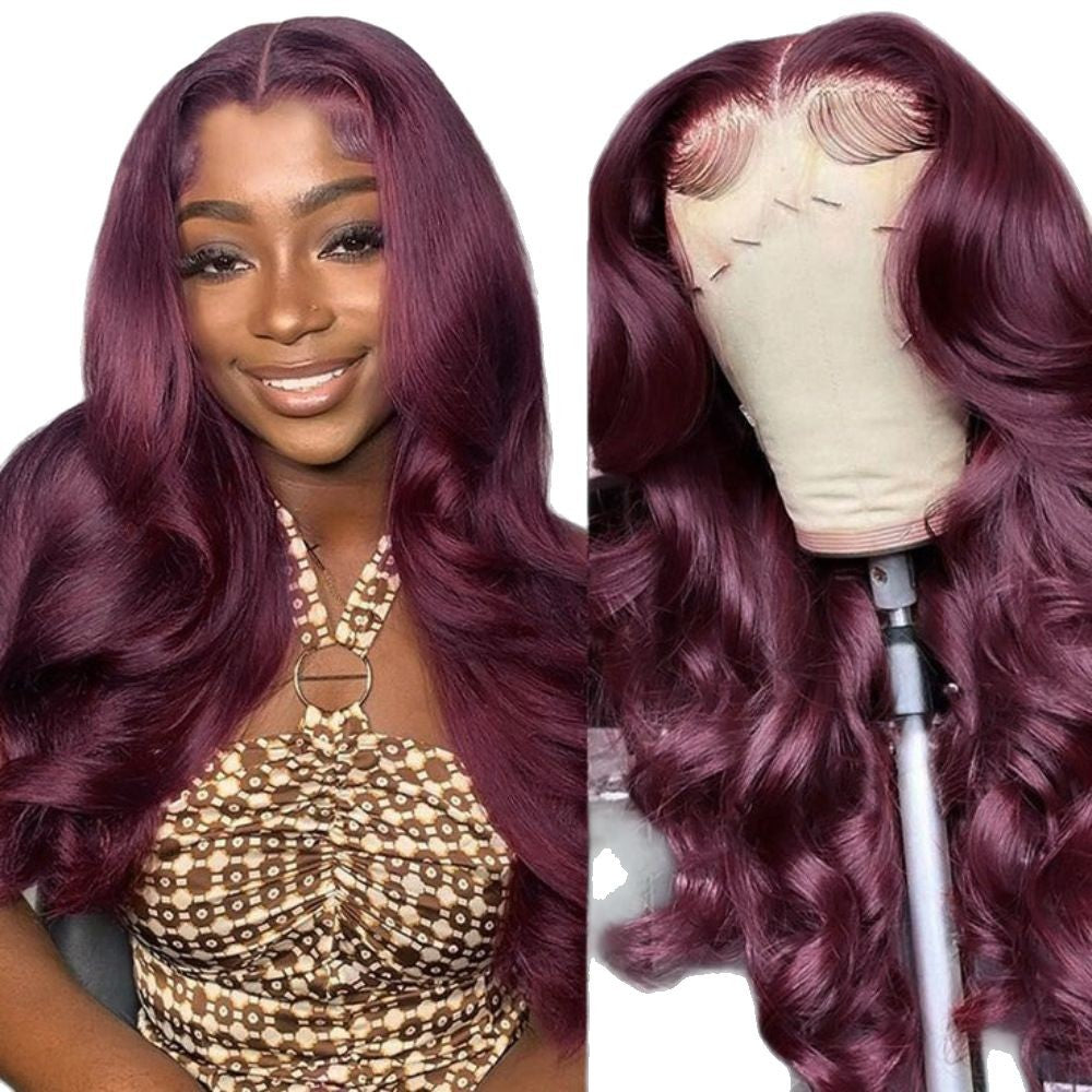 Cross-border Hot-Selling Forehead Hand-Crocheted Wine Red Wig 13*4 body wave front lace fiber w