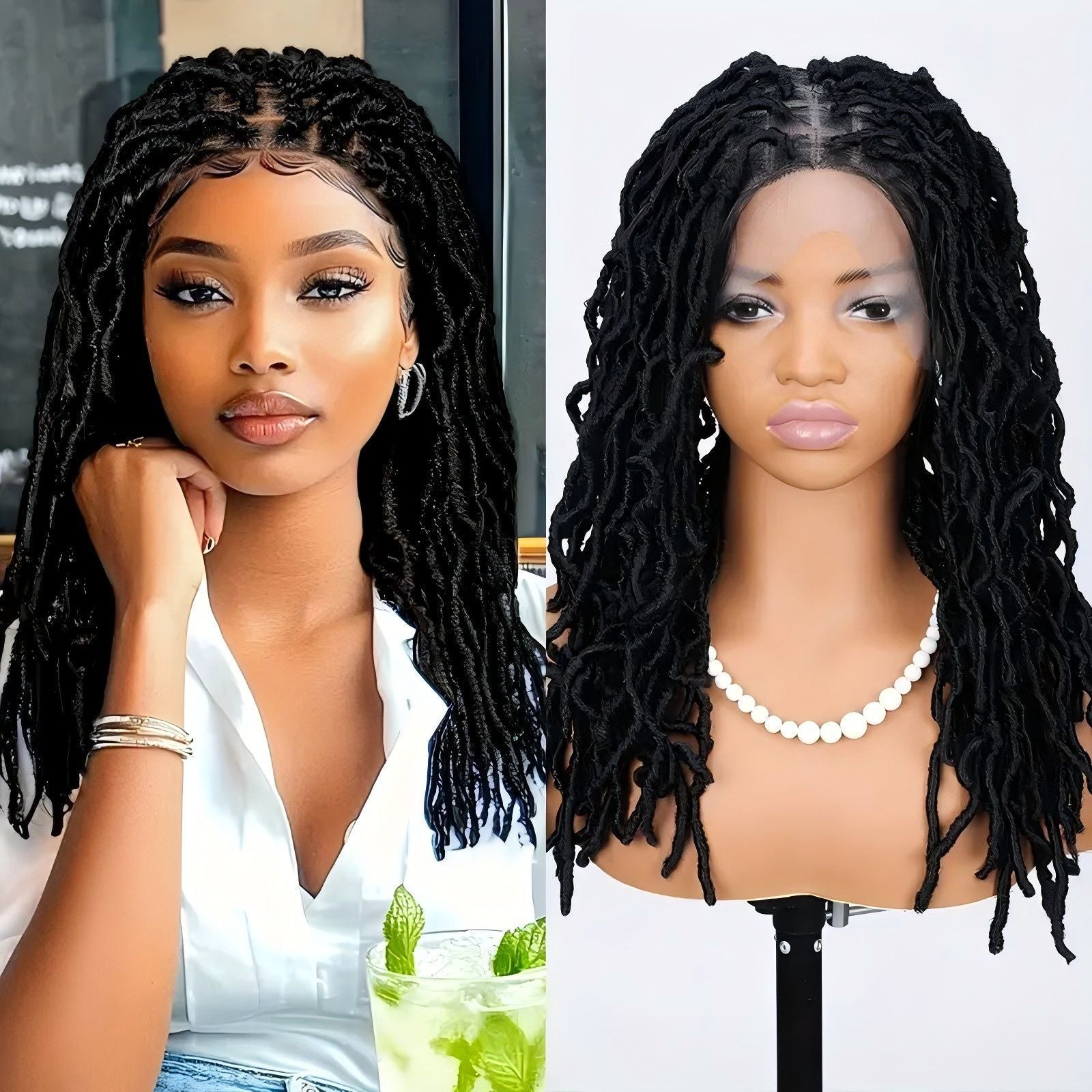 Foreign Trade Cross-Border European American African Wig Synthetic Full Lace Earthworm Curved Head Wig Faux Locs Full Lace