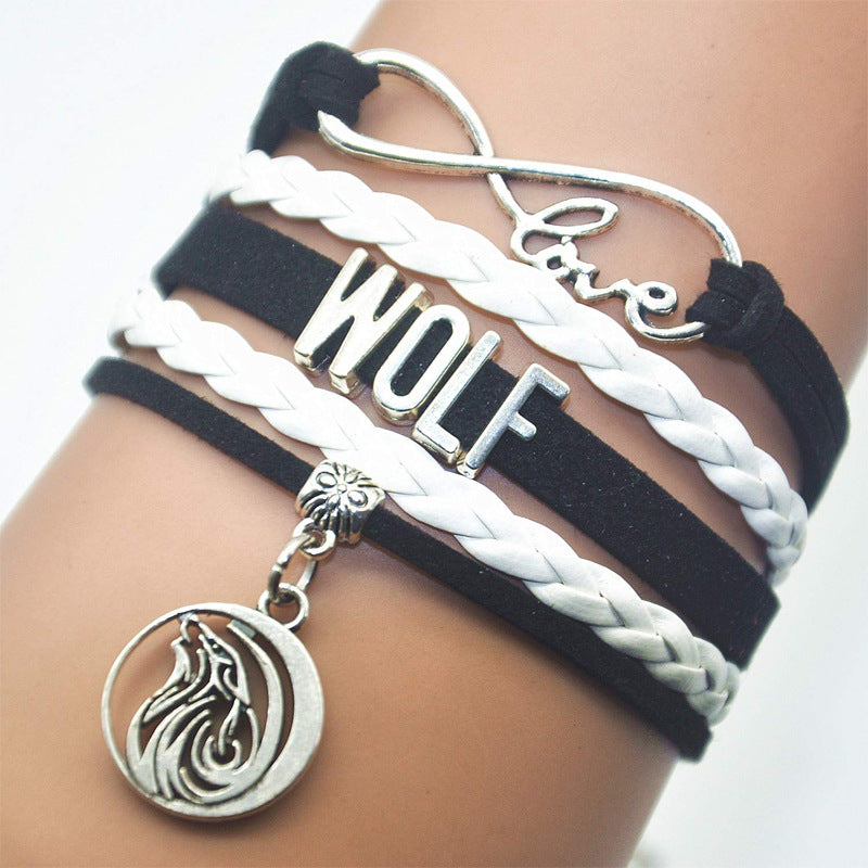 Wolf Dog Pendant Hand-woven Bracelet European and American retro Gift Bracelet wolf Letter Men's Multi-layer Braided Bracelet