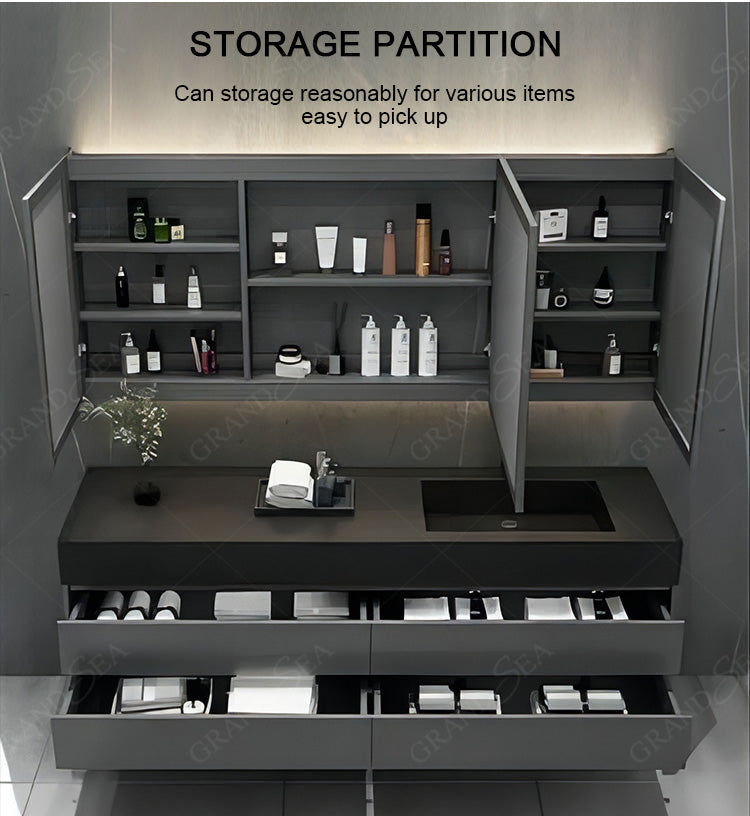 Modern Wall Mounted Matte Black Slate Bathroom Cabinet Vanity Set Single Sink Floating Vanity With Mirror