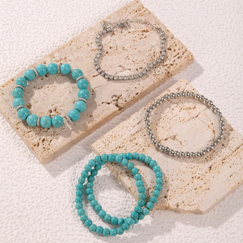 Bohemian Style Turquoise Multi-Layer Stacking Bracelet Set Light Luxury Diamond-encrusted Chain Beaded Bracelet