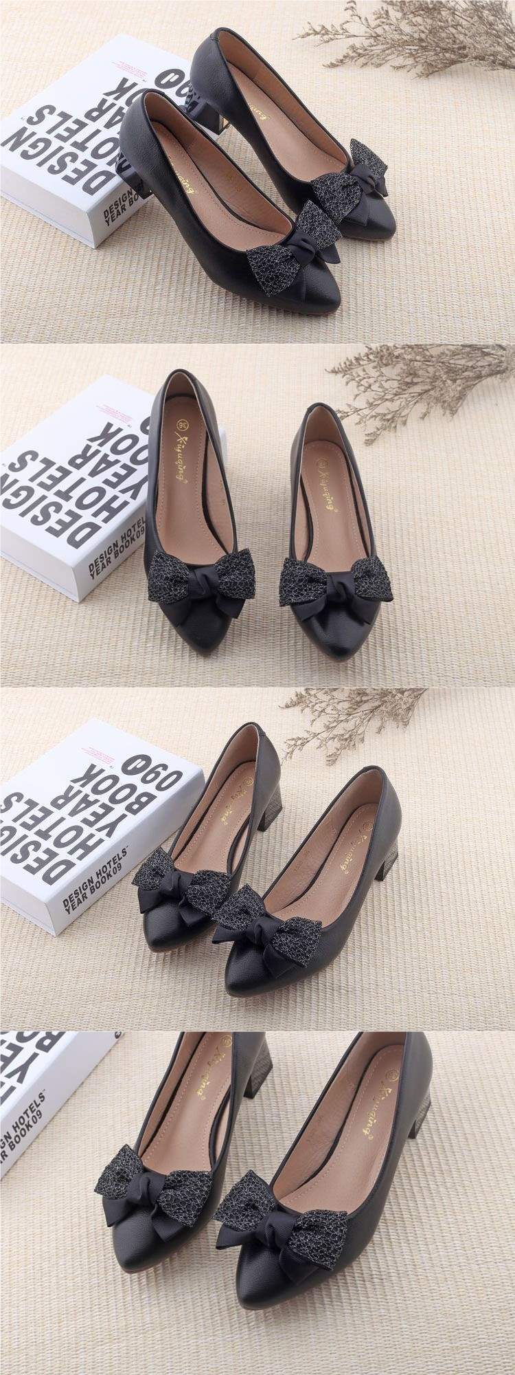 2025Spring Korean Style New Shallow Mouth Chunky Heel Youth French High Heels Fashionable Bowknot Elegant Single Shoes