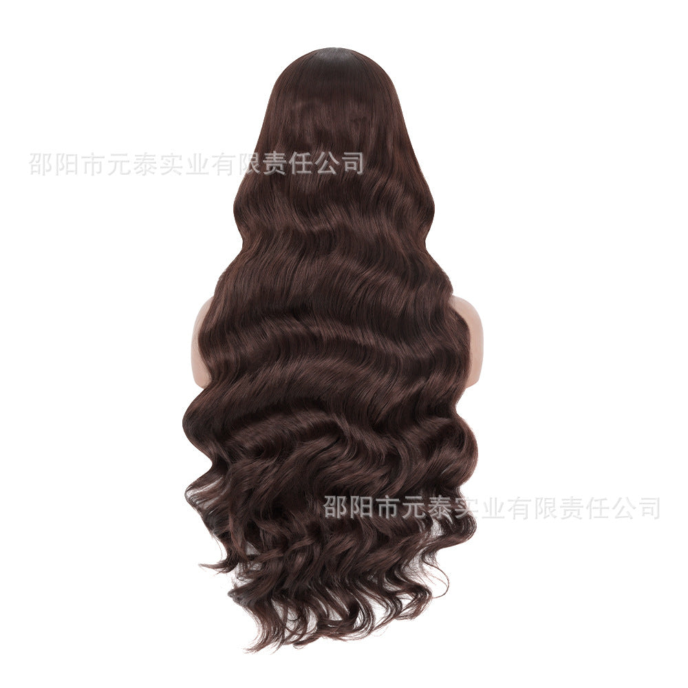 Cross-Border European and American Style Wig Middle Part Black Big Wave Long Curly Hair Synthetic High-Temperature Fiber Manufacturer European and American Style Long Curly Hair