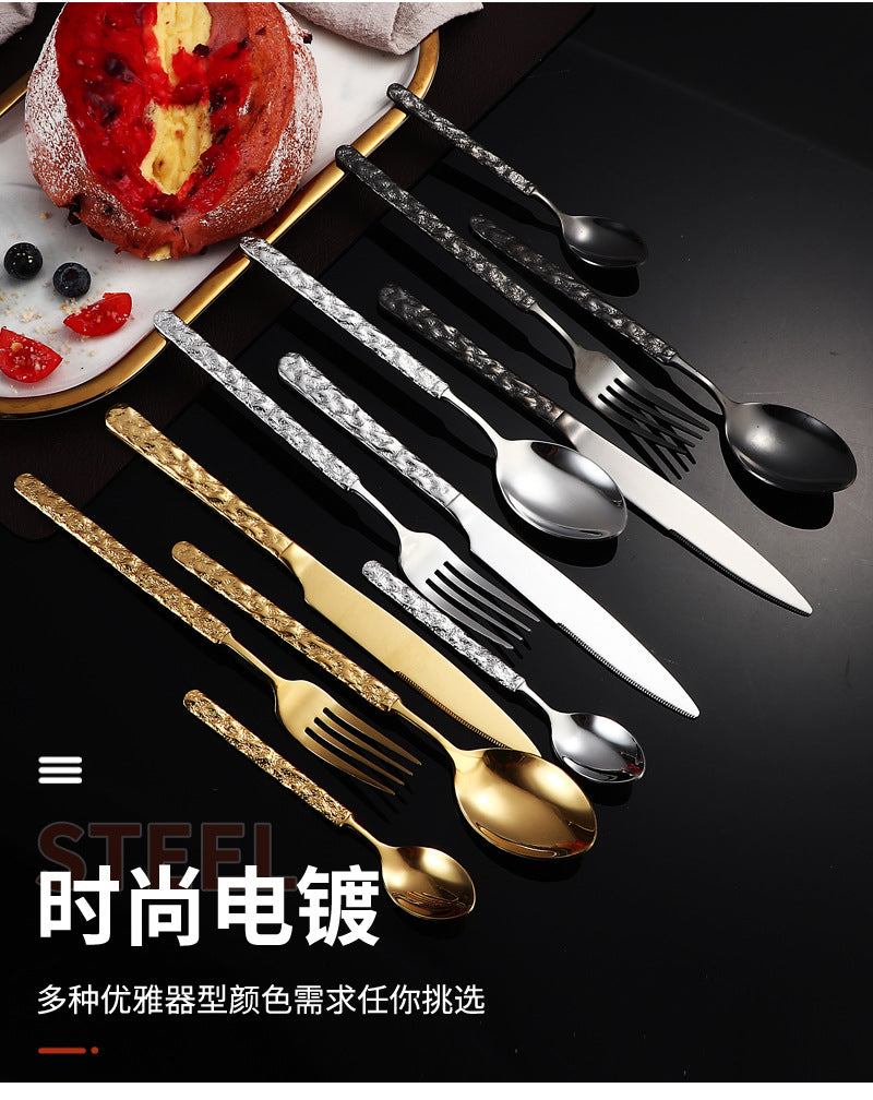 410Stainless Steel Cutlery Hotel Restaurant High-end Stone Pattern Knife Fork Spoon Set Western Cuisine Thickened Steak Knife Fork