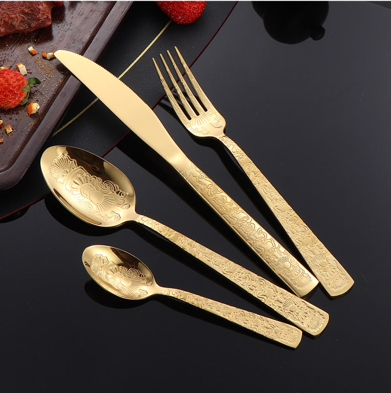 410Stainless Steel Tableware Hotel Restaurant Totem Knife Fork Spoon Set Vintage Pattern Western Steak Knife Fork